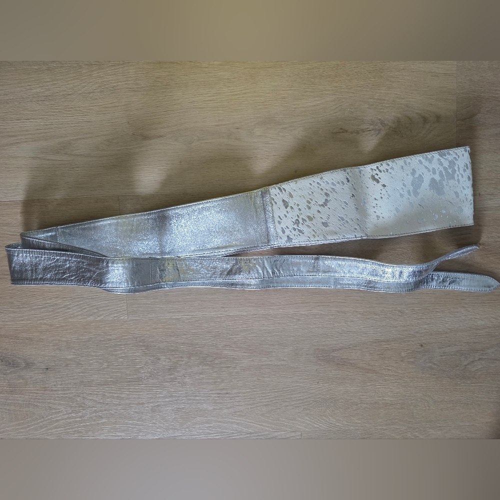 Sassy Jones Metallic Silver Wide Leather Belt with Textured Panel